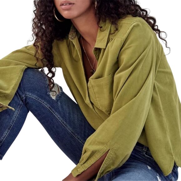Anthropologie Pilcro Sigourney Green Corduroy Button Down Top M - Picture 1 of 8
